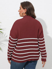 Burgundy ribbed knit sweater with white horizontal stripes and band collar.