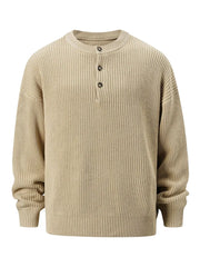 Khaki ribbed knit henley sweater with button neckline and oversized fit