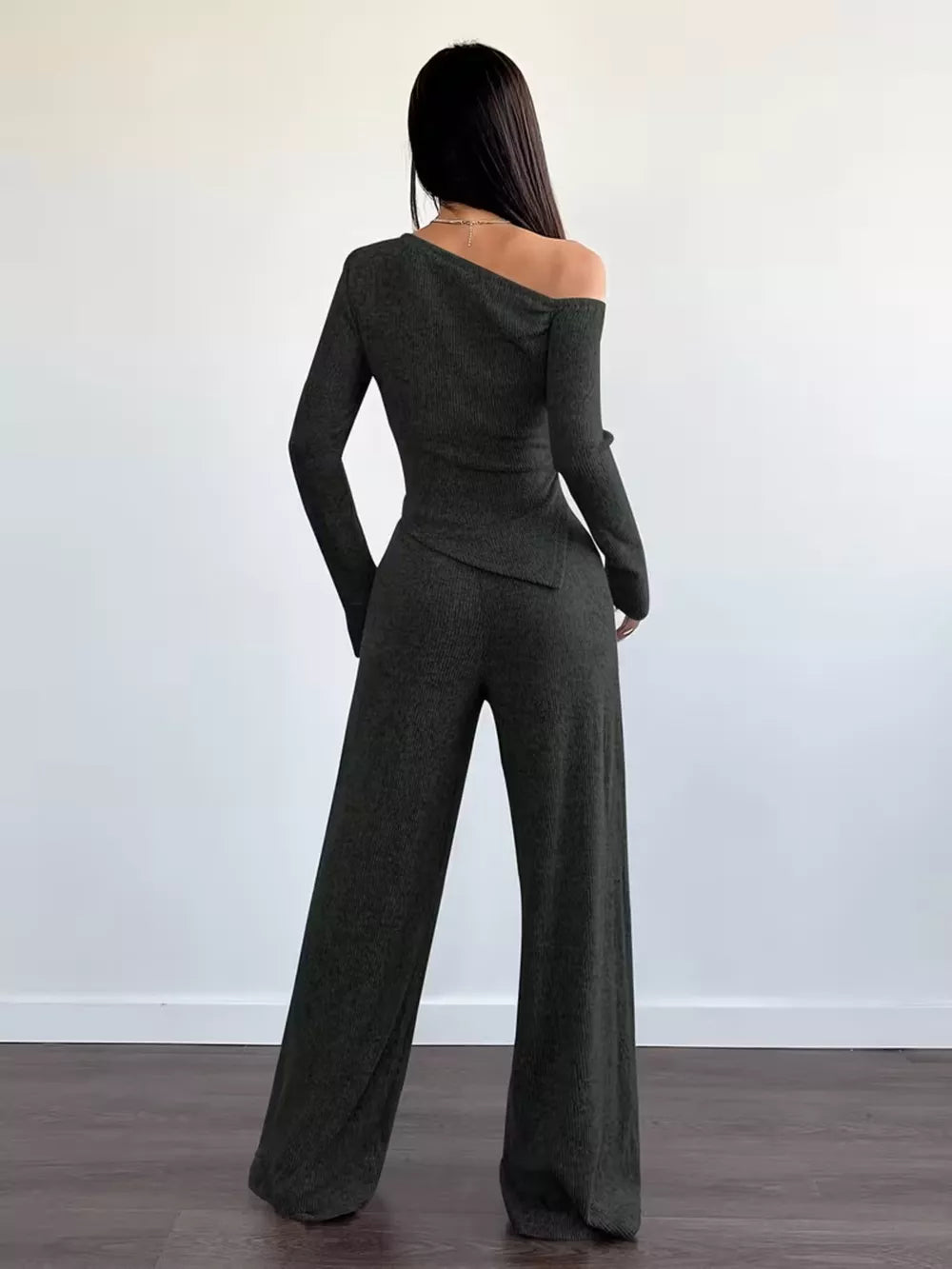 Chic One-shoulder Asymmetrical Top & Wide-leg Pants Set in Burgundy, close-up detail