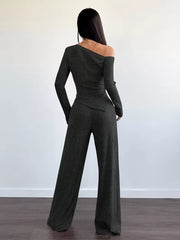 Chic One-shoulder Asymmetrical Top & Wide-leg Pants Set in Burgundy, close-up detail