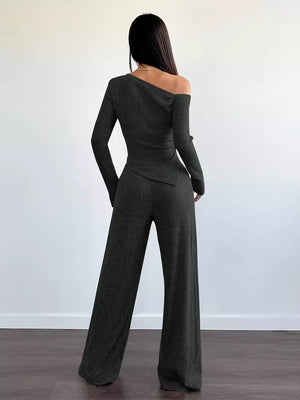 Chic One-shoulder Asymmetrical Top & Wide-leg Pants Set in Burgundy, close-up detail