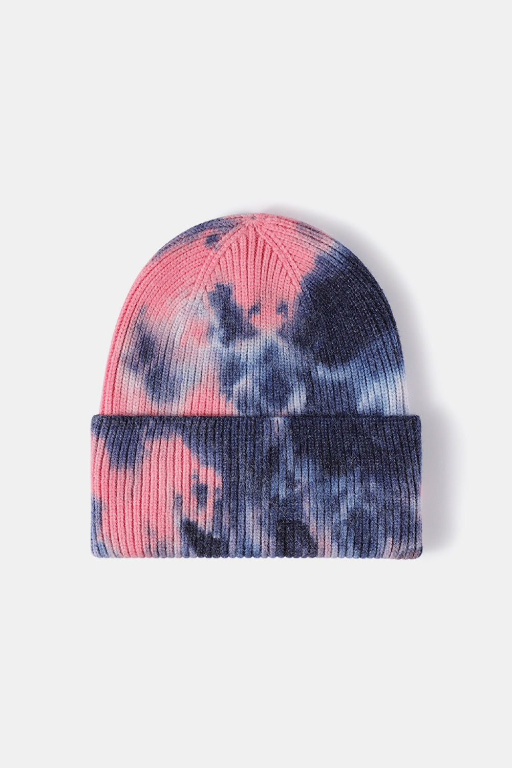 Ribbed knit beanie with pink and navy tie-dye pattern