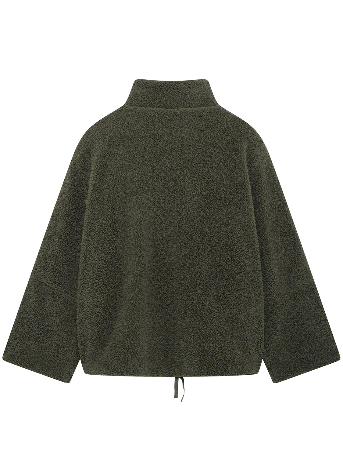 Olive green sherpa jacket with stand collar and drawstring hem.
