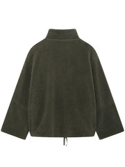 Olive green sherpa jacket with stand collar and drawstring hem.