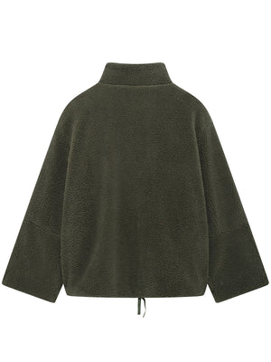 Olive green sherpa jacket with stand collar and drawstring hem.