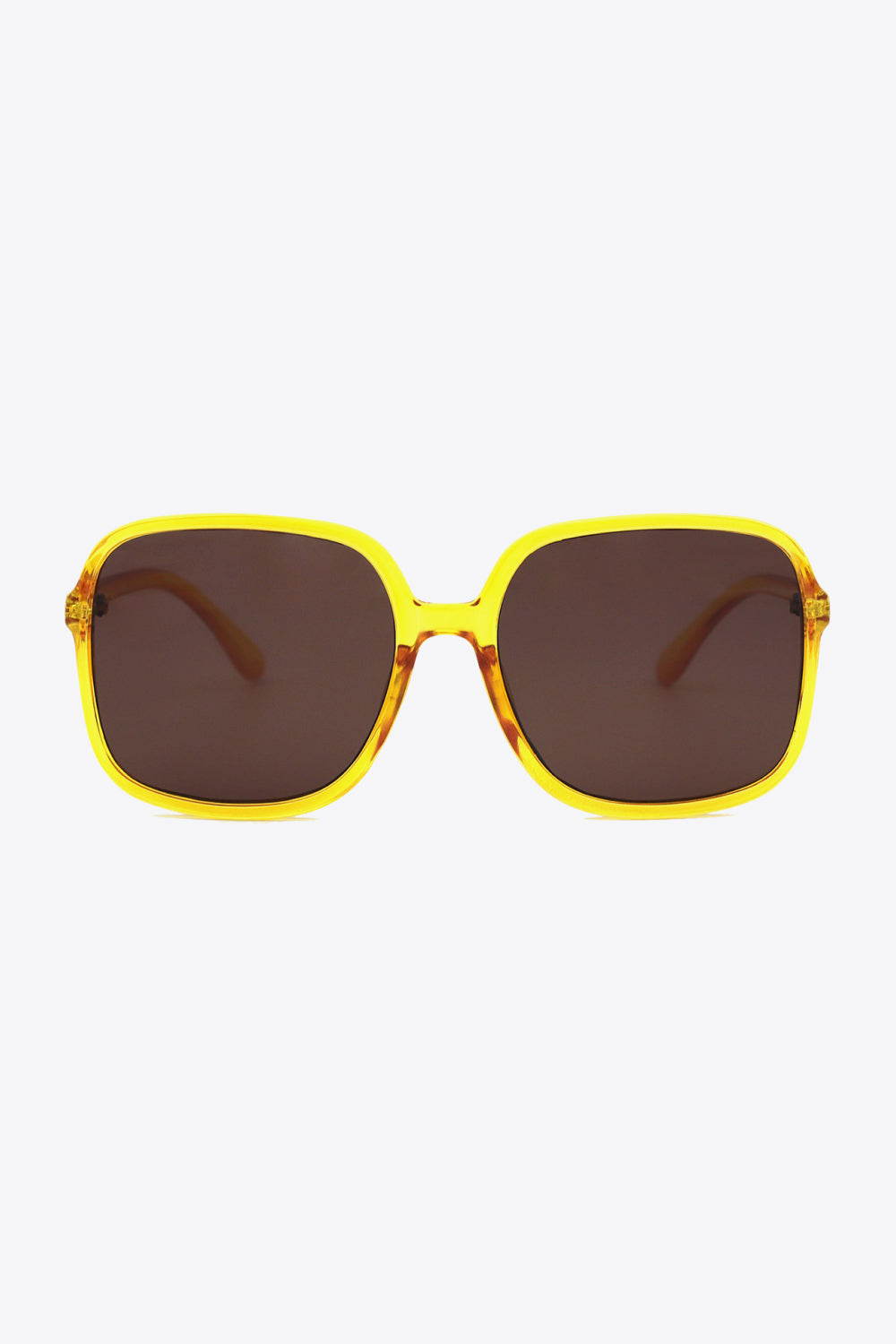 Yellow square frame sunglasses with brown lenses and tortoise shell arms.