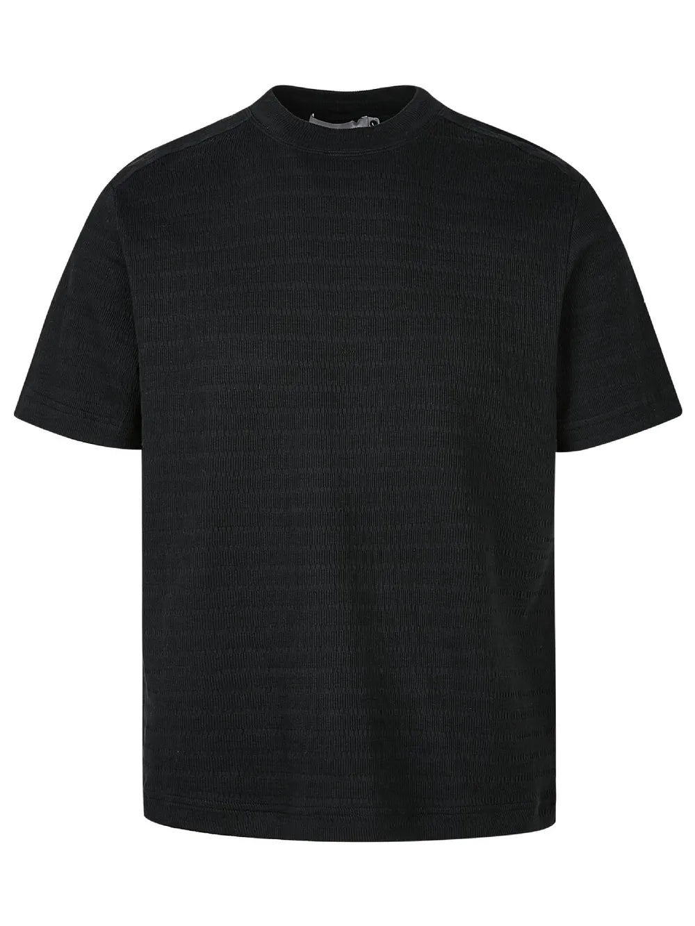 Textured knit crew neck t-shirt for men in black, short sleeves, basic style.