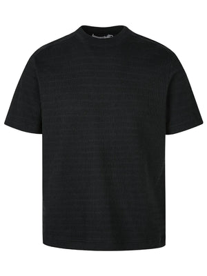Textured knit crew neck t-shirt for men in black, short sleeves, basic style.