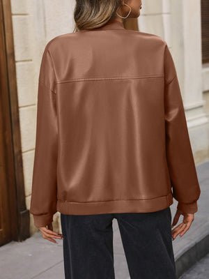 Brown faux leather bomber jacket with a zip-up front and ribbed cuffs.