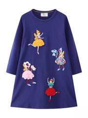 Navy long-sleeve cotton blend dress with fairy applique designs.