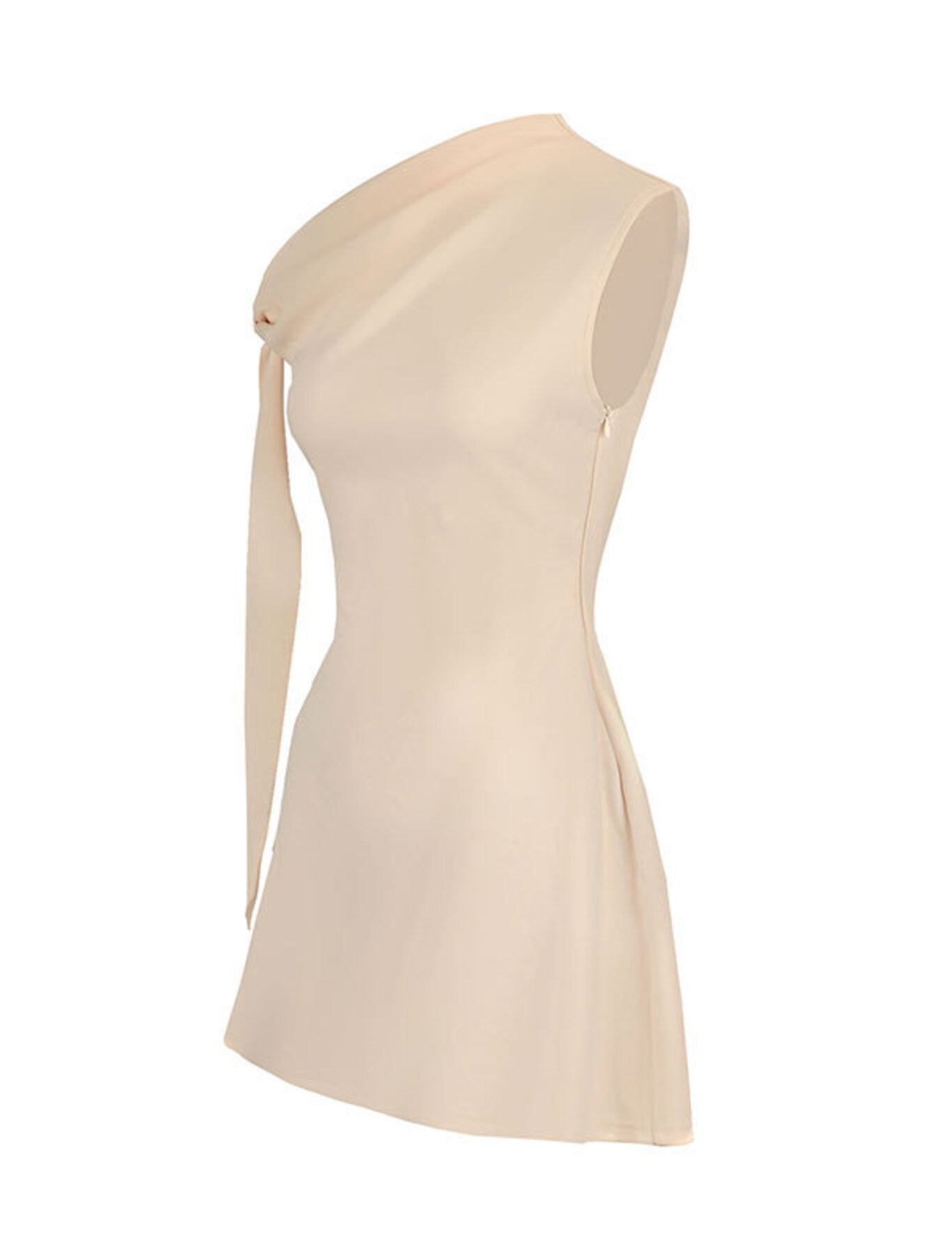 Apricot one-shoulder mini dress with asymmetrical bowknot detail and A-line cut.