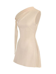 Apricot one-shoulder mini dress with asymmetrical bowknot detail and A-line cut.