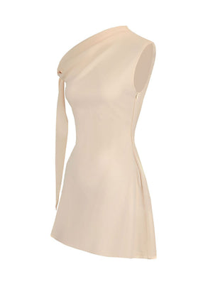 Apricot one-shoulder mini dress with asymmetrical bowknot detail and A-line cut.
