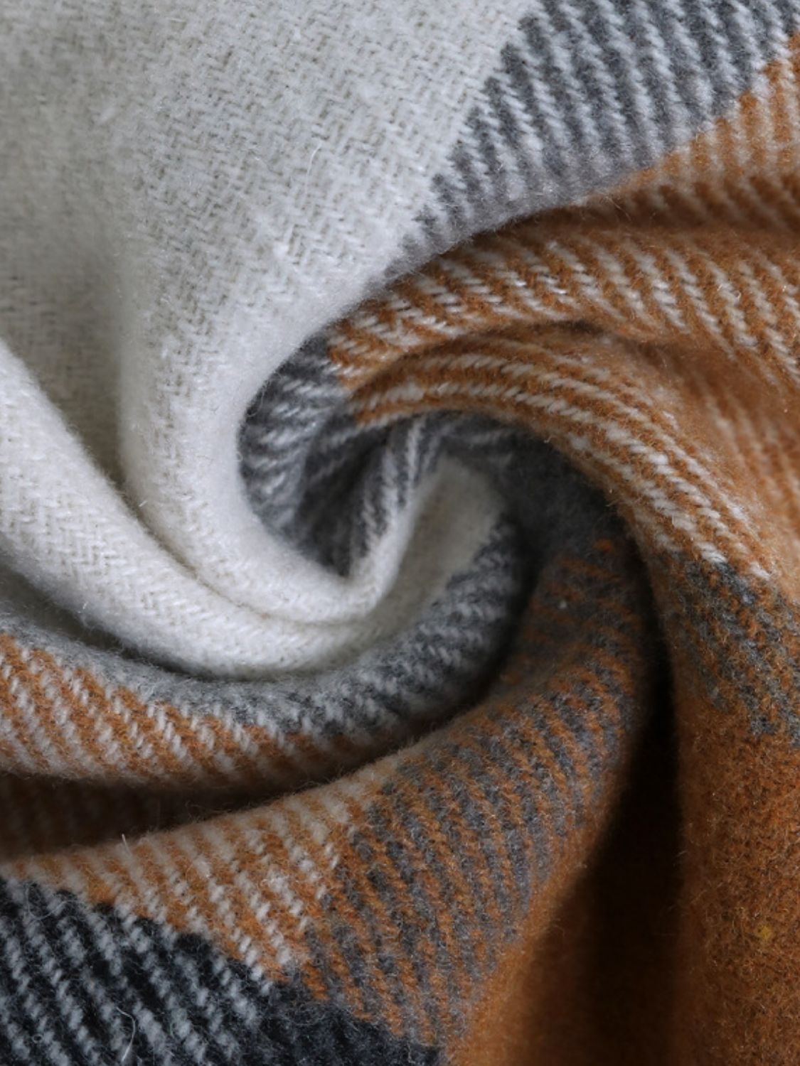 Longline plaid hoodie jacket in camel, white, and gray fabric detail