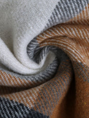 Longline plaid hoodie jacket in camel, white, and gray fabric detail