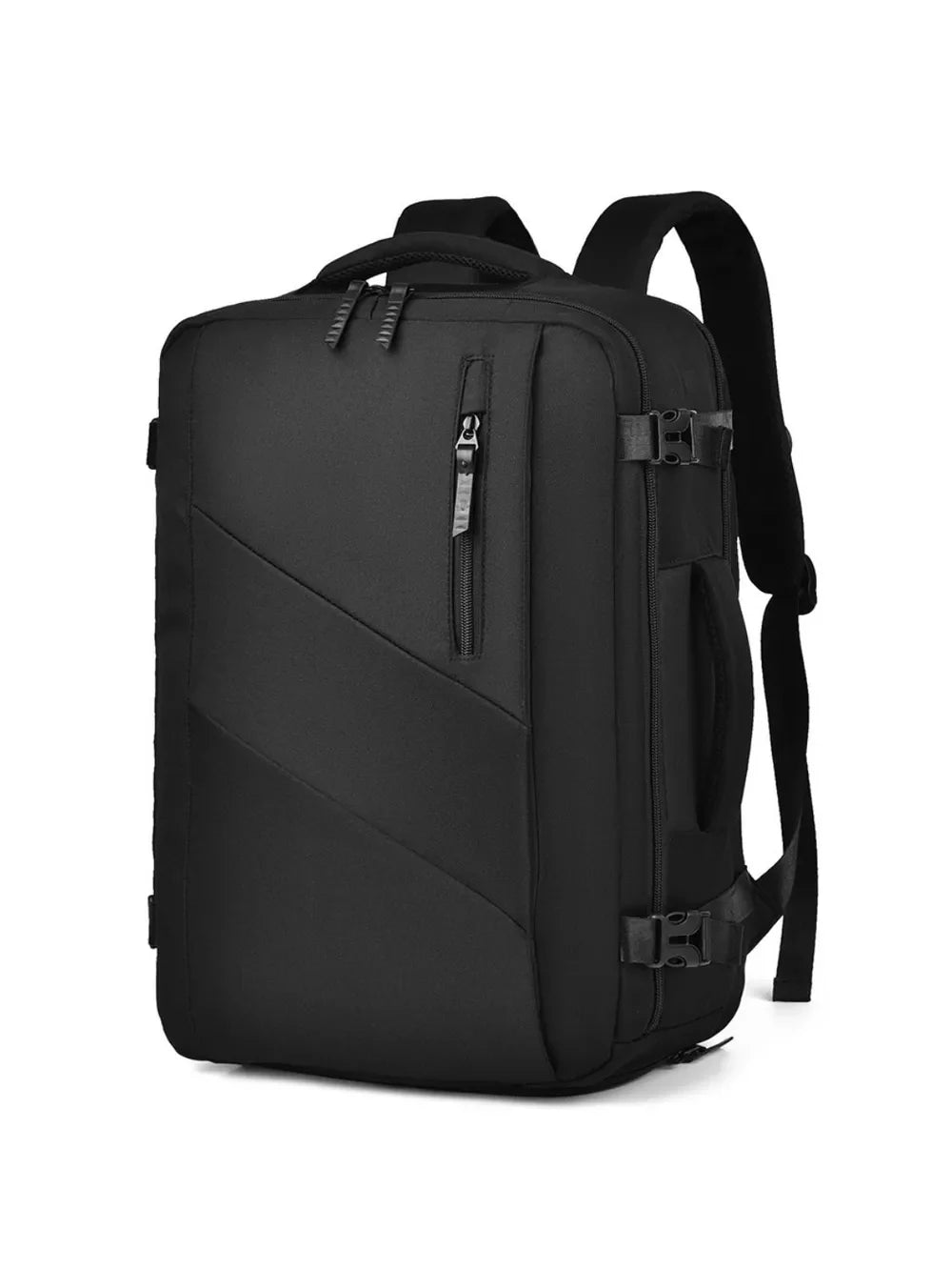 Black structured backpack with diagonal front panel detail and shoe compartment zipper.