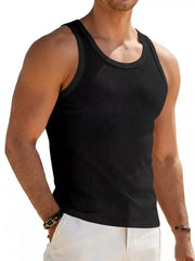 Men's Full Size Round Neck Tank in White, fit detail
