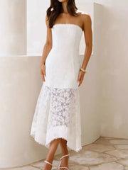 White strapless midi dress with floral lace overlay and pom-pom trim hem.