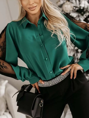 Lace-sleeve Button Up Shirt in Dark Green, side view