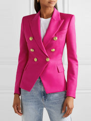 Hot Pink double-breasted blazer with gold buttons and a satin finish.