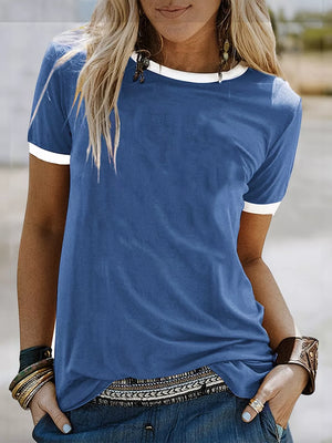 Relaxed fit t-shirt in Dark Blue with white contrast trim, crew neck, and short sleeves.