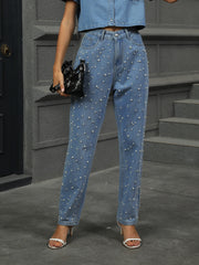 Pearl embellished straight leg jeans in dusty blue denim with a buttoned fly.
