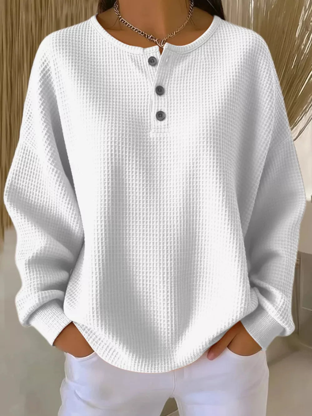 Full Size Waffle Knit Button Detail Top Plus Size in Orange, front view