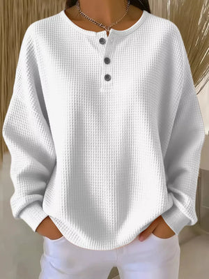Full Size Waffle Knit Button Detail Top Plus Size in Orange, front view