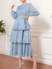 Sky blue tiered midi dress with balloon sleeves and defined waist