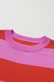 Striped knit tee in hot pink and red with a ribbed crew neck.