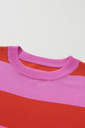 Striped knit tee in hot pink and red with a ribbed crew neck.