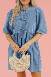 Prairie denim dress in medium with puff sleeves and tie details