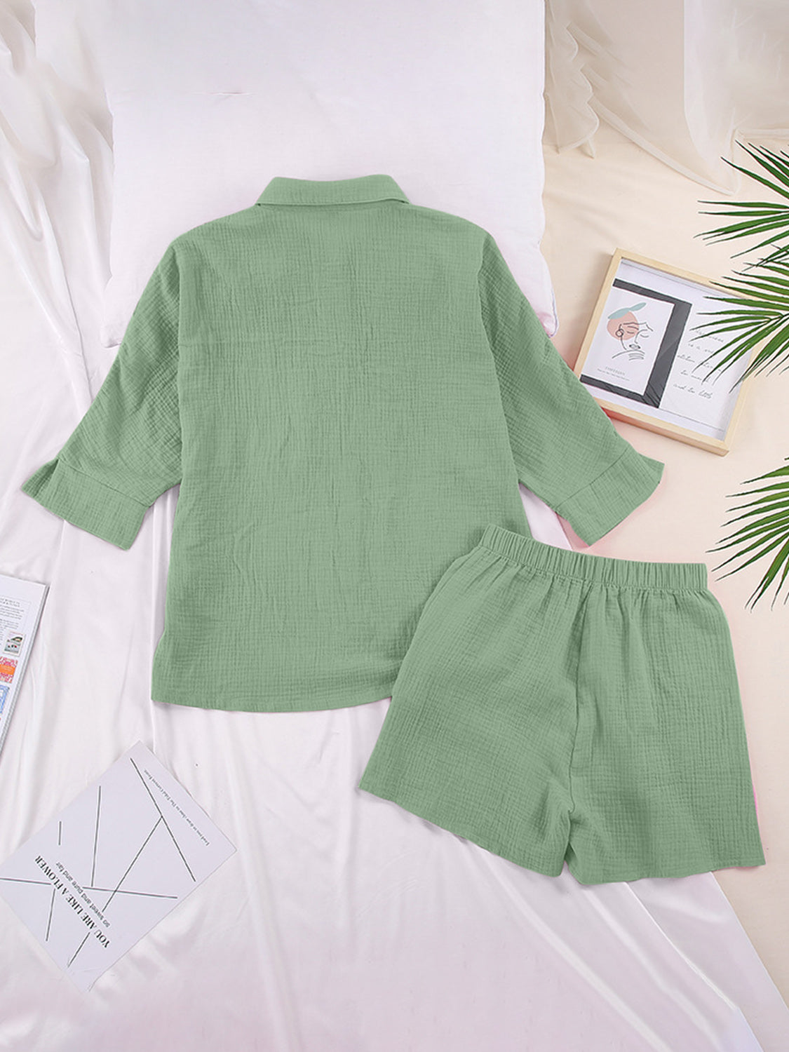 Light Green Gauze Cotton Resort Shirt & Short Set with buttoned shirt and elastic waist shorts.