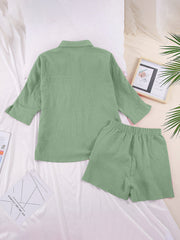 Light Green Gauze Cotton Resort Shirt & Short Set with buttoned shirt and elastic waist shorts.