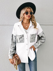 White denim overshirt with leopard print sleeves and pockets.