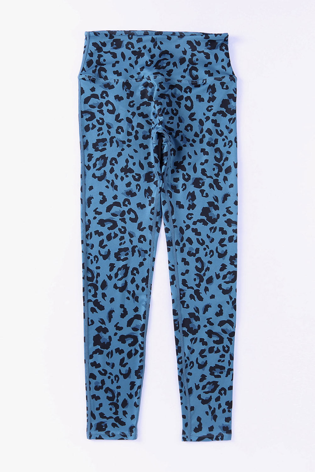 Sky blue leopard print performance leggings with a high waist.