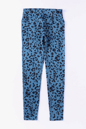 Sky blue leopard print performance leggings with a high waist.