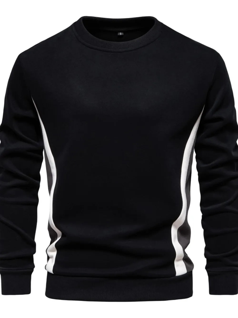 Black crew neck sweatshirt with white side panel details and long sleeves.