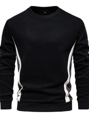 Black crew neck sweatshirt with white side panel details and long sleeves.