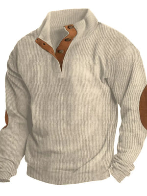 Beige corduroy long sleeve men's overshirt with button detail and elbow patches