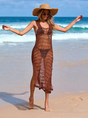 Brown openwork crochet maternity cover-up with side slit and fringe hem.