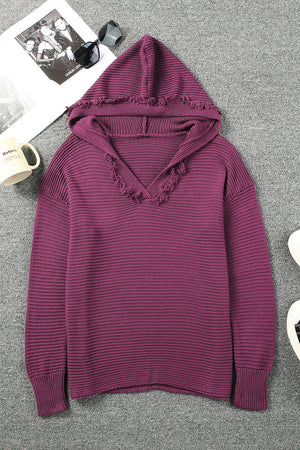 Textured knit hooded pullover in burgundy with frayed trim and V-neck.