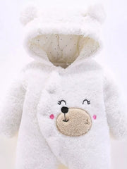 White hooded baby one-piece with bear face and ears detail