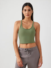 Moss green sculpted racerback crop tank top with scoop neckline.