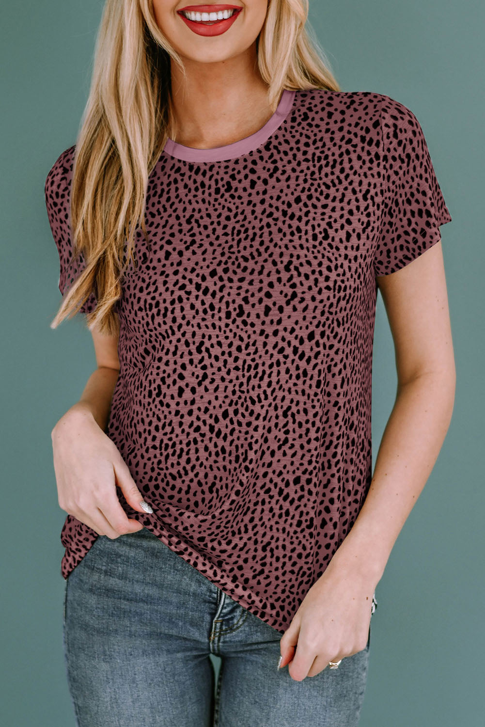 Dusty Pink spotted print crew neck t-shirt with short sleeves.