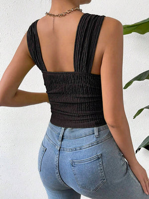 Black textured crinkle strap crop top with ruched bodice and square neckline.