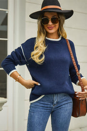 Dark Blue acrylic crewneck sweater with contrast trim and white stitching detail.