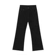 Black denim flare jeans with panel seams and a wide leg cut.