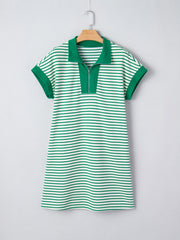 Green and white striped polo collar dress with short sleeves and a quarter zip.
