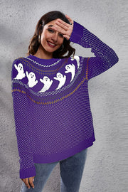 Purple crewneck sweater with white ghost jacquard pattern and textured knit.